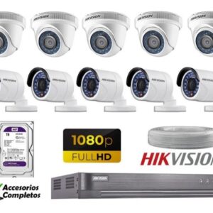 Kit 10 Cámaras De Seguridad Full Hd 1080P Hikvision Con Disco De 2TB, Cable y accesorios completos