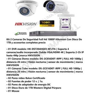 Kit 2 Camaras De Seguridad Full Hd 1080P Hikvision Con Disco De 1TB y accesorios completos