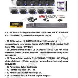 Kit 10 Camaras De Seguridad Full Hd 1080P CON AUDIO Hikvision Con Disco De 4TB y accesorios completos