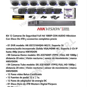 Kit 12 Camaras De Seguridad Full Hd 1080P CON AUDIO Hikvision Con Disco De 4TB y accesorios completos