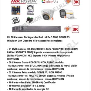 Kit 10 Camaras De Seguridad Full Hd De 5 MGP COLOR VU Hikvision Con Disco De 4TB y accesorios completos