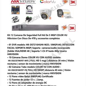 Kit 12 Camaras De Seguridad Full Hd De 5 MGP COLOR VU Hikvision Con Disco De 4TB y accesorios completos