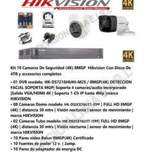 Kit 10 Camaras De Seguridad (4K) 8MGP Hikvision Con Disco De 4TB y accesorios completos