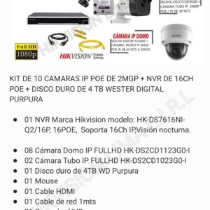 KIT DE 10 CAMARAS IP POE DE 2MGP + NVR DE 16CH POE + DISCO DURO DE 4 TB WESTER DIGITAL PURPURA