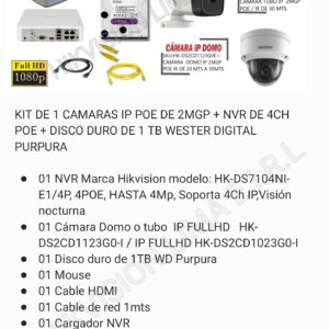 KIT DE 1 CAMARAS IP POE DE 2MGP + NVR DE 4CH POE + DISCO DURO DE 1 TB WESTER DIGITAL PURPURA